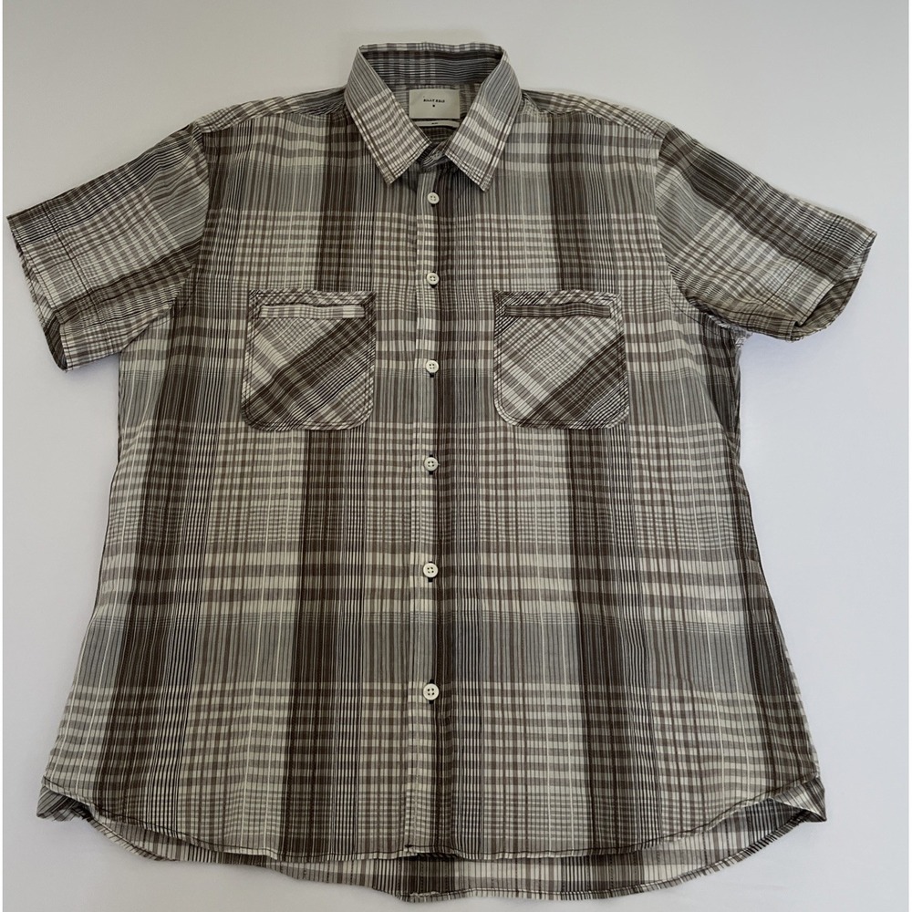 Billy Reid Mens Slim Fit Short Sleeve Button Down Shirt Black Gray Plaid Size M